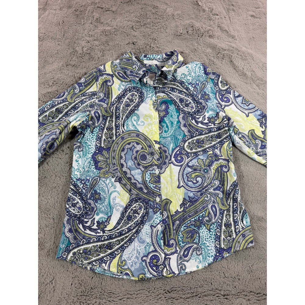 Chico's No Iron Paisley Print Button Front Down Shirt Women Size‎ M Career Chic - Picture 9 of 9